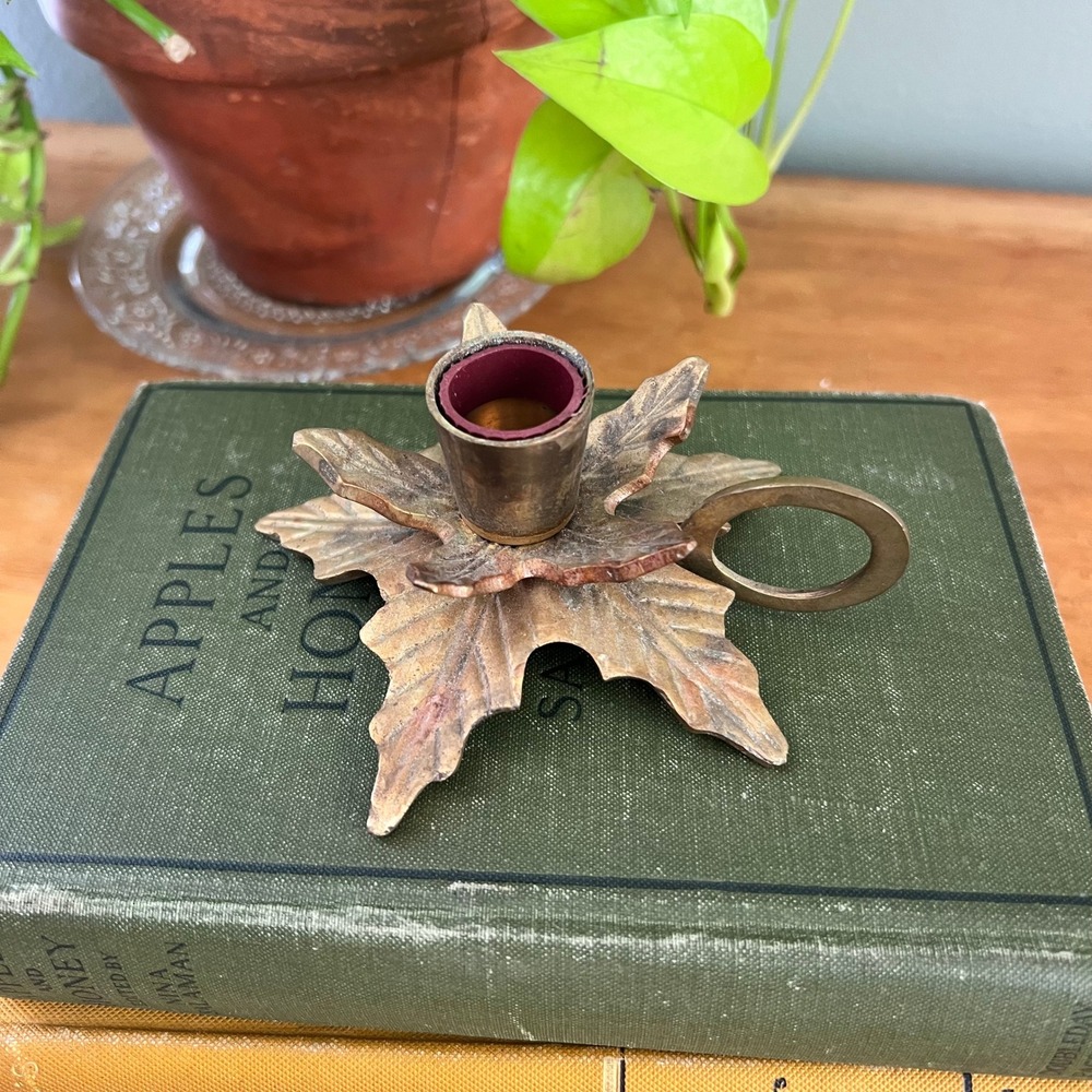 Vintage Brass Holly Leaf Chamberstick Candle Holder Finger Loop Made in India
